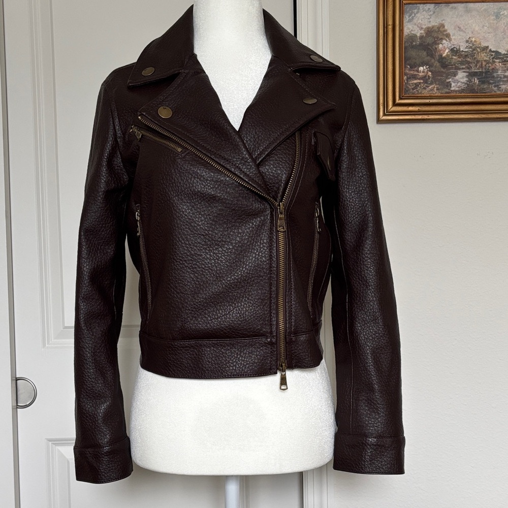 BNWT Banana Republic XXSP Dark Brown Maroon chocolate vegan Leather Jacket - Picture 2 of 10